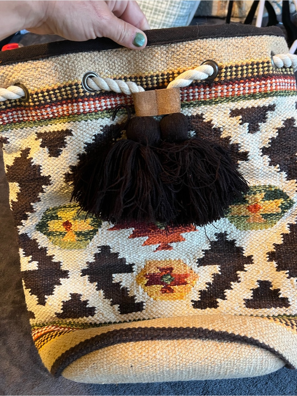 Boho Tassel Woven Shoulder Bag in Brown & Cream